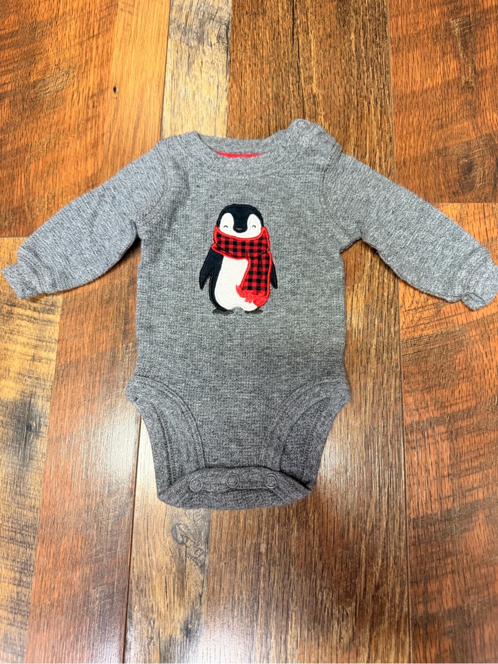 Carter's Gray Penguin Bodysuit with Red Plaid Scarf